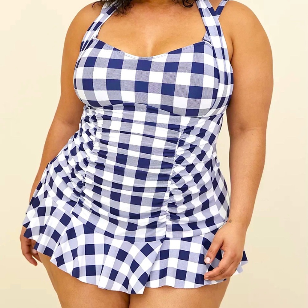 EUC TORRID Gingham Blue & White Ruched & Ruffled Swimsuit Size 1X (14/16)